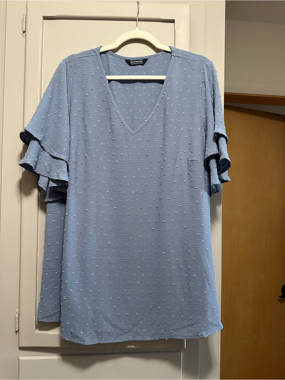 BloomChic Ruffle Bell Sleeve V-Neck Top - Light Blue